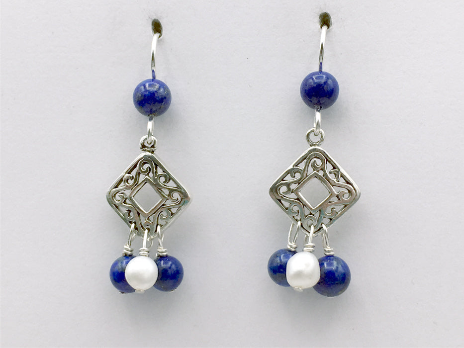 Sterling silver square filigree with Lapis Lazuli and Freshwater Pearls dangle earrings
