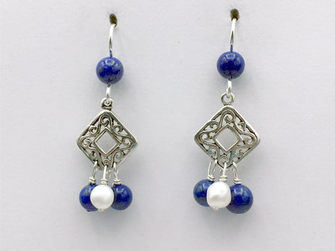 Sterling silver square filigree with Lapis Lazuli and Freshwater Pearls dangle earrings