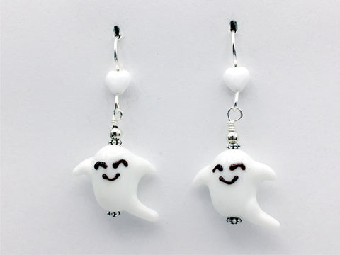 Sterling silver white glass ghost dangle earrings-Halloween, spirits, ghouls