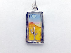 Pewter frame pendant w/ sterling silver saguaro cactus- resin, desert, moon, alcohol ink