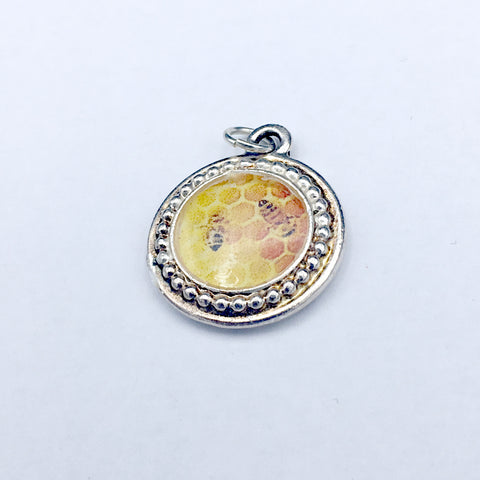 Round Pewter frame with honey bee print pendant - resin, bees, apiary honeycomb