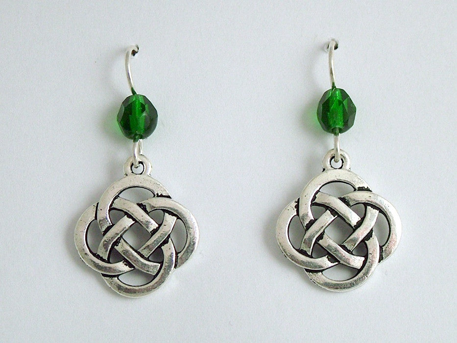 Pewter & Sterling Silver large Round Celtic Knot dangle Earrings- green glass