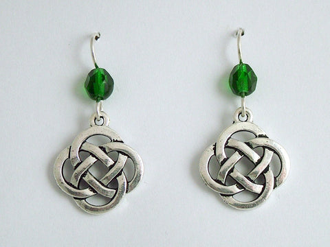 Pewter & Sterling Silver large Round Celtic Knot dangle Earrings- green glass