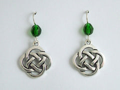 Pewter & Sterling Silver large Round Celtic Knot dangle Earrings- green glass