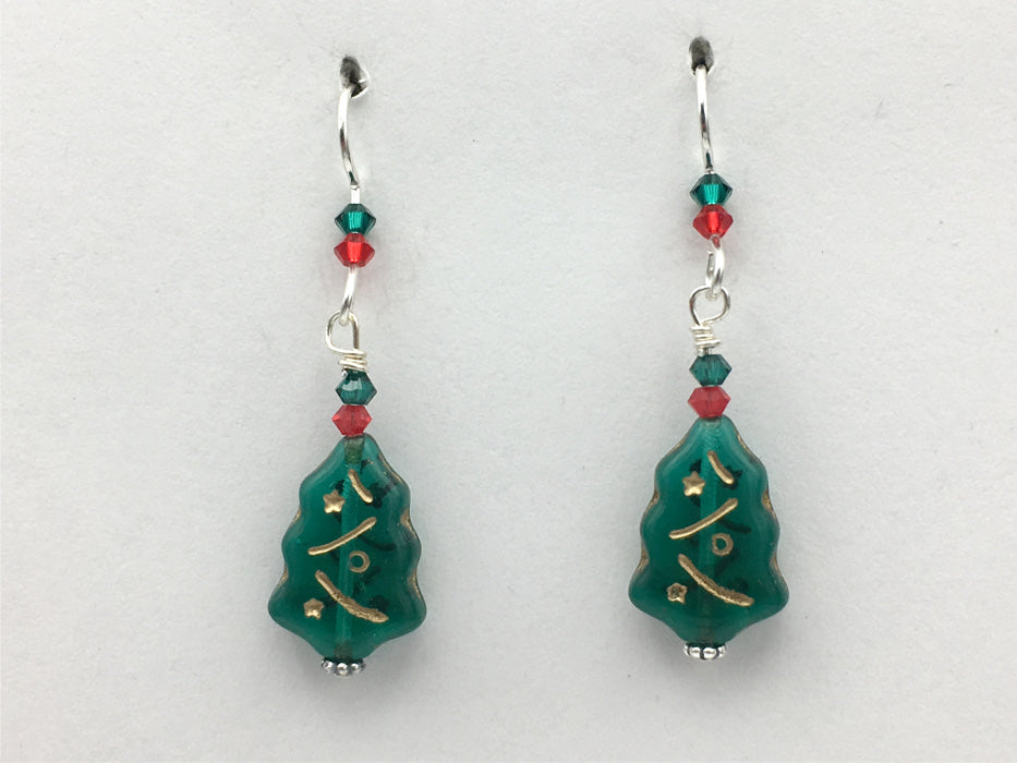 Sterling Silver & Czech glass Christmas tree dangle earrings- Holiday, trees,