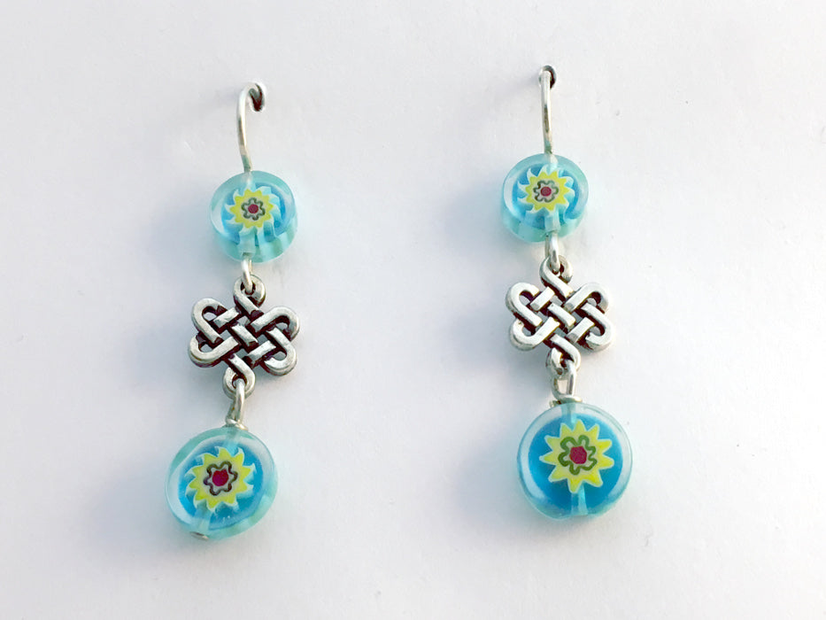 Pewter & Sterling Silver endless Celtic Knot dangle Earrings- Millefiori,Tibetan