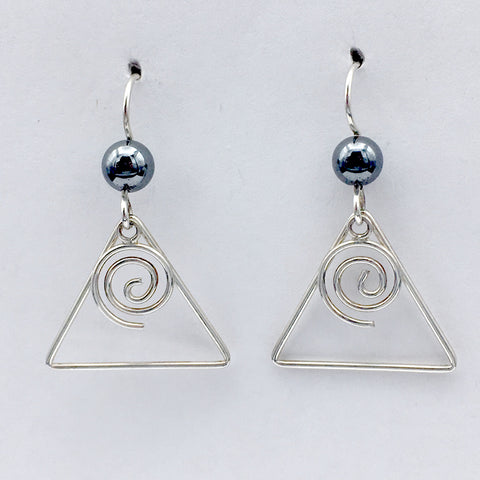 Sterling Silver medium open wire Spiral w/triangle Earrings-  hematite, spirals