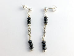 Sterling Silver 4mm ball stud w/ faceted black tourmaline dangle Earrings, twist