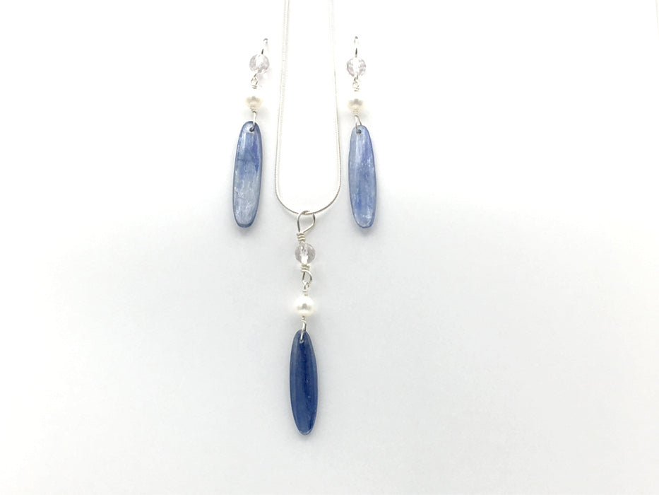 20 inch Sterling Silver snake chain with Kyanite, Freshwater Pearls, faceted Amethyst pendant and Earrings