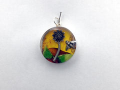 Sterling silver 25mm Round Pendant with Sterling Silver Sunflower and bee, alcohol ink, sea glass, flowers, sun, honeybee, pollinator