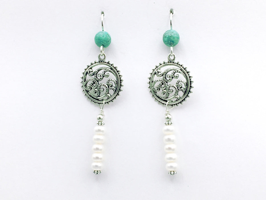Sterling Silver, Freshwater Pearls and Turquoise abstract wave dangle earrings-waves, round