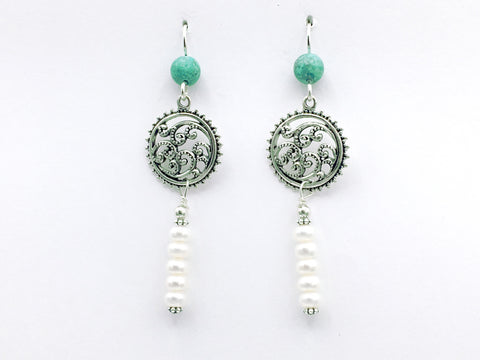 Sterling Silver, Freshwater Pearls and Turquoise abstract wave dangle earrings-waves, round