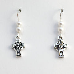Pewter & Sterling silver small Celtic knot cross dangle earrings-glass "pearls"