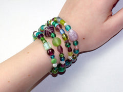 4 Strand Glass lampwork bead, freshwater pearls Memory Wire Bracelet, Blues, Greens, Purple
