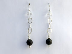 Sterling silver, Black Volcanic Scoria and Carved Quartz Crystal dangle earrings
