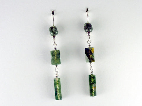 Sterling silver and Moss Agate beads dangle earrings- Elegant, 2 1/8 inches,