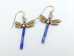 Gold tone Pewter & glass Dragonfly dangle earring-14kgf -dragonflies-iridescent