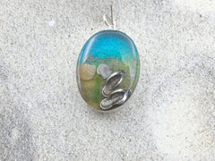 Sterling silver 30mmx 22mm Oval Pendant with Shell, Shells, Flip Flops, Sea glass, Sandals, Beach Haven, Taylor Ave, LBI New Jersey shore, tide pool,  alcohol ink art,  beach comber