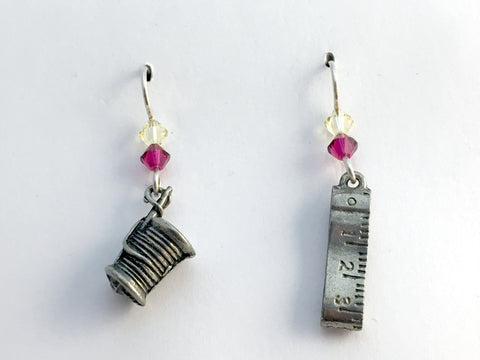 Pewter & Sterling Silver Seamstress dangle earrings-Spool thread, measuring tape