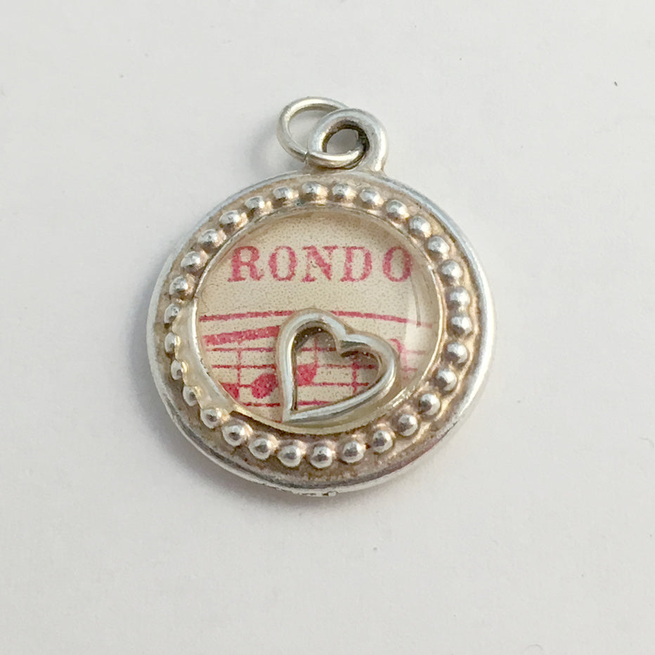 Pewter frame, sheet music, sterling silver heart pendant-resin, Rondo, notes,red
