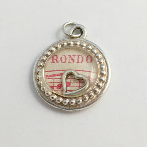 Pewter frame, sheet music, sterling silver heart pendant-resin, Rondo, notes,red