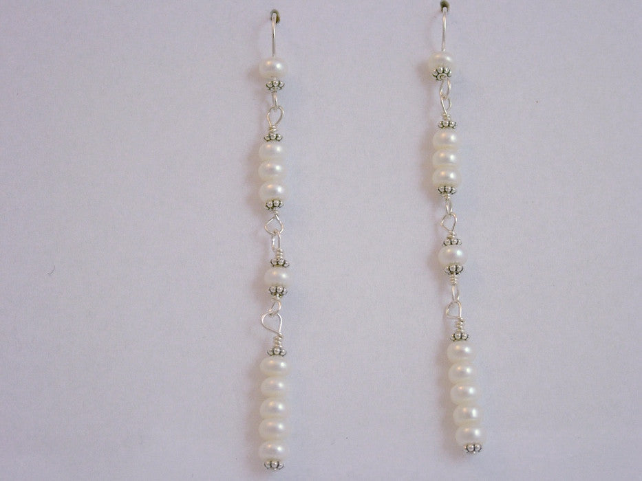 Sterling Silver and Freshwater Pearls Long Dangle earrings- 3 inches long- bridal