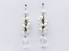 Sterling silver Freshwater Pearl cluster and clear quartz crystal dangle earrings