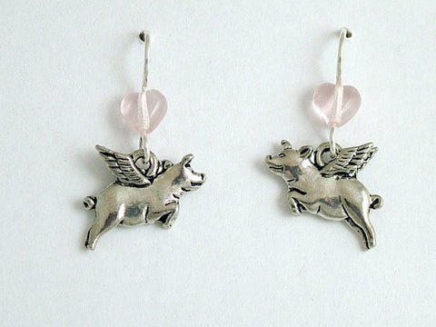 Pewter & Sterling silver Flying Pig dangle earrings-when pigs fly, swine, w/wing