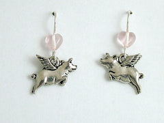 Pewter & Sterling silver Flying Pig dangle earrings-when pigs fly, swine, w/wing