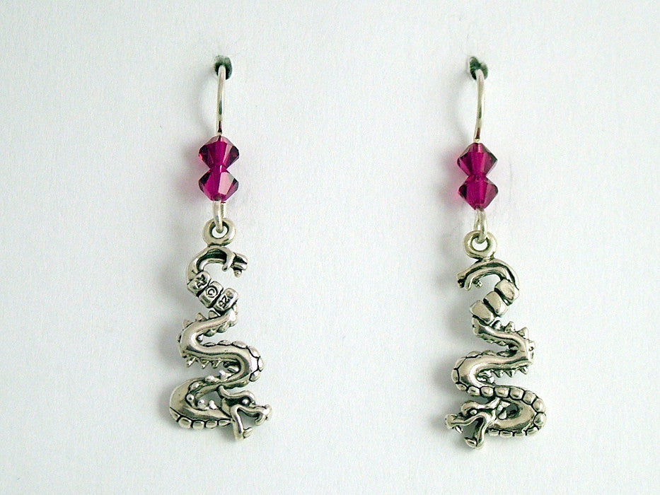 Sterling Silver curvy Dragon dangle earrings-Fantasy-dragons, crystal, 1 5/8"