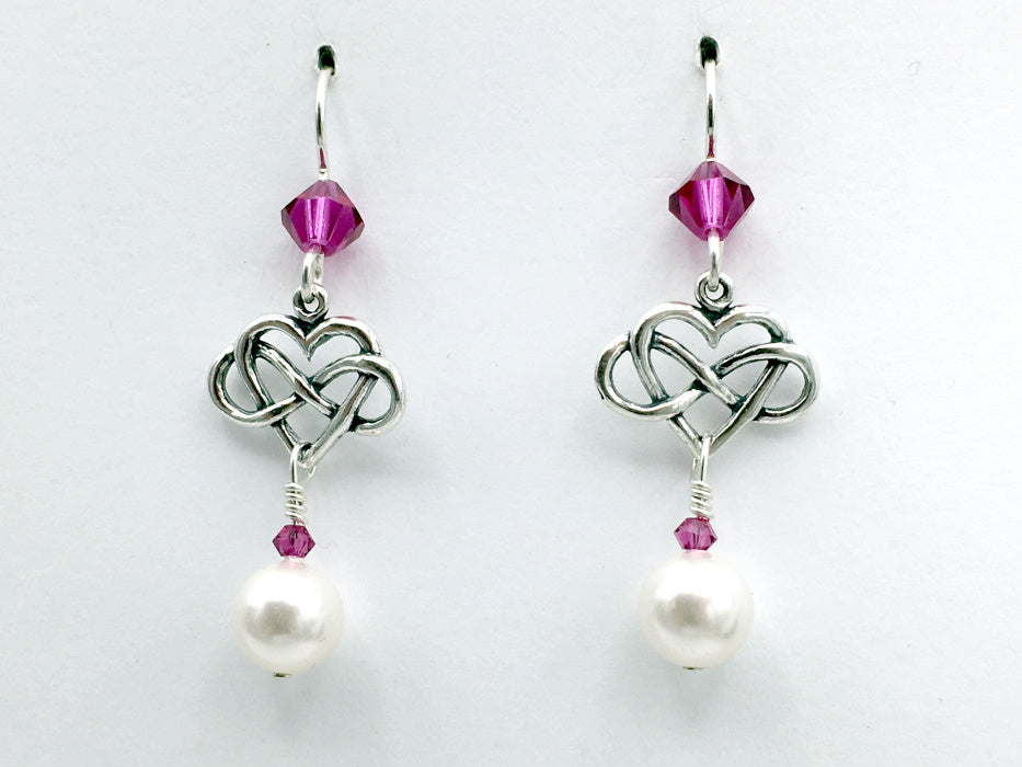 Sterling Silver Infinity Heart dangle Earrings- glass "pearls" Fuchsia pink crystal, love, hearts