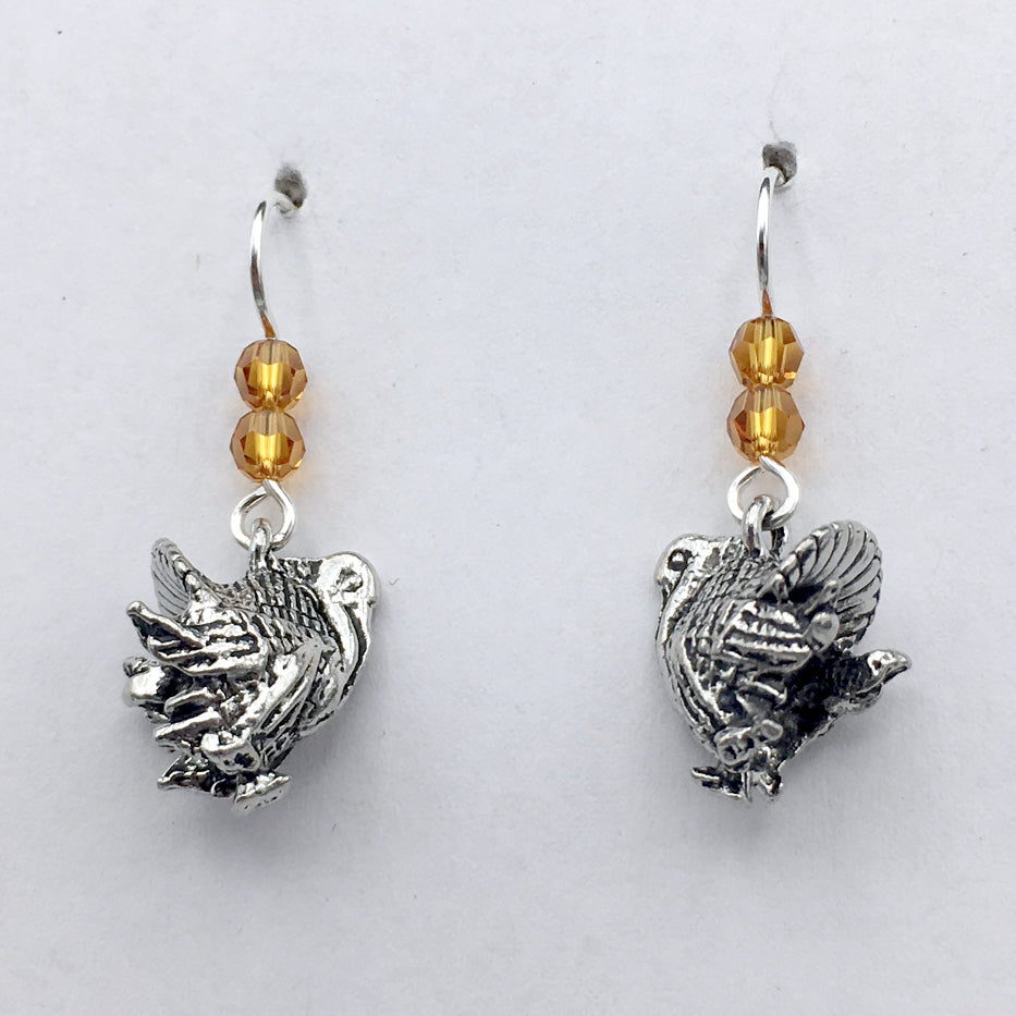 Pewter & Sterling Silver Turkey dangle Earrings-Thanksgiving- Bird- Turkeys