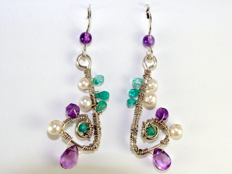 Sterling and Fine Silver Freeform dangle earrings with Apatite, Amethyst and Freshwater Pearls.