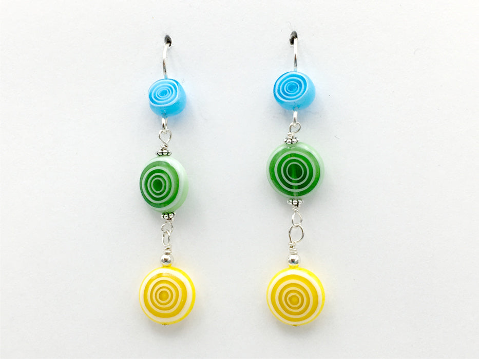 Sterling silver & white, aqua, green and yellow glass circle beads dangle earrings