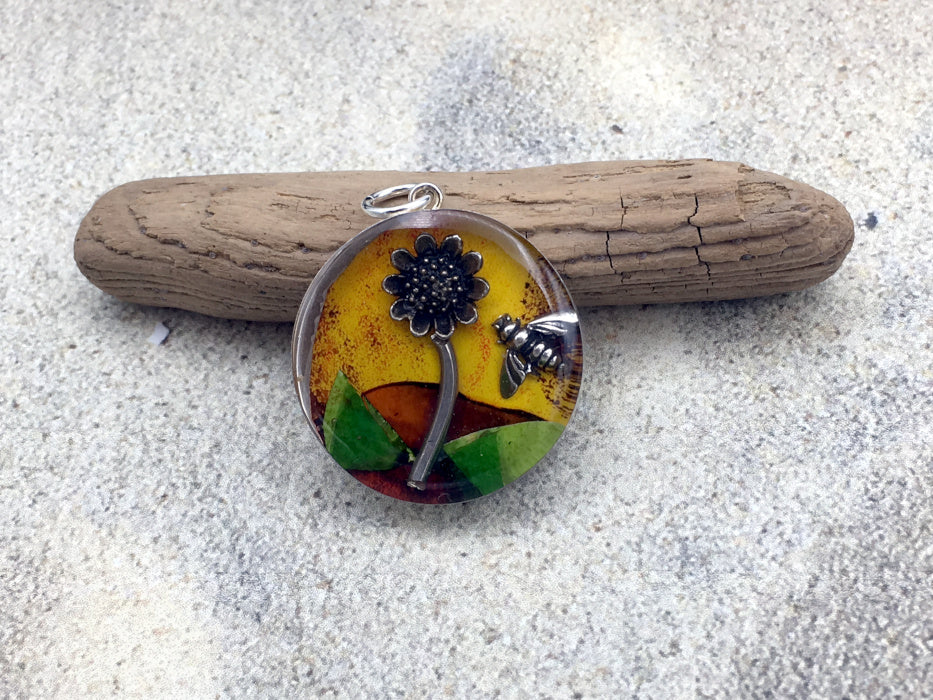 Sterling silver 25mm Round Pendant with Sterling Silver Sunflower and bee, alcohol ink, sea glass, flowers, sun, honeybee, pollinator