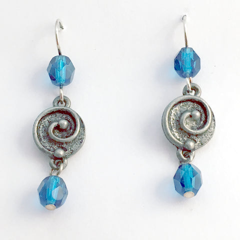 Pewter & Sterling Silver spiral dangle  Earrings- dark aqua glass - spirals