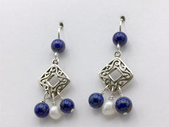 Sterling silver square filigree with Lapis Lazuli and Freshwater Pearls dangle earrings