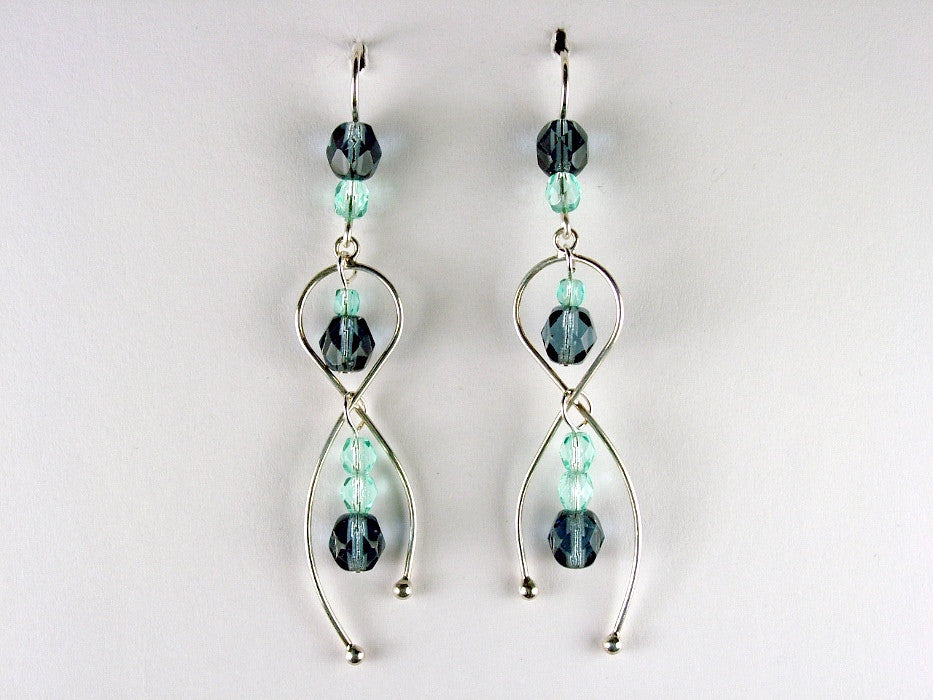 Sterling silver freeform dangle earrings with light aqua & denim blue faceted glass