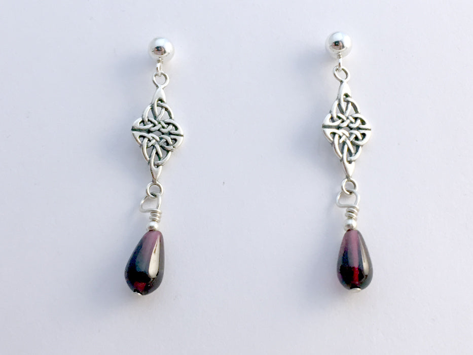 Sterling silver 4mm ball stud Celtic double knot  dangle earrings-garnet