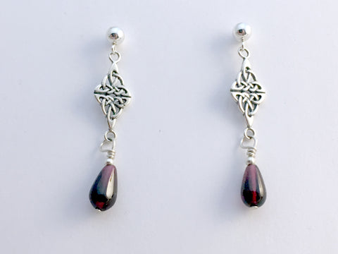 Sterling silver 4mm ball stud Celtic double knot  dangle earrings-garnet