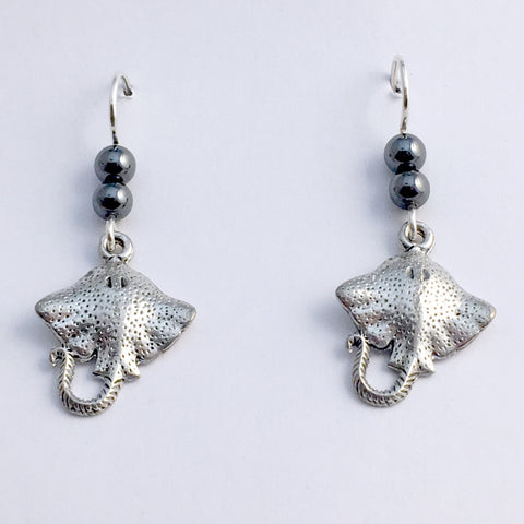 Pewter & Sterling silver manta ray dangle earrings-ocean, rays, devilfish, reef