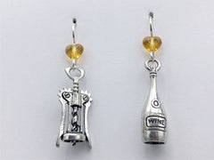 Pewter & sterling silver Wine Bottle and Corkscrew earrings-white, tasting,winery