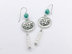 Sterling Silver, Freshwater Pearls and Turquoise abstract wave dangle earrings-waves, round