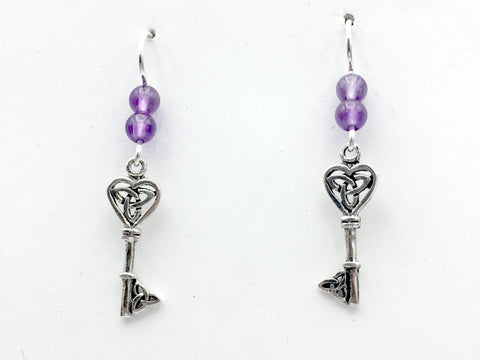 Sterling Silver Heart Key with Celtic Trinity knot dangle Earrings-Amethyst, keys