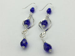 Sterling Silver long open twist drop Earrings- Celtic Knot, cobalt blue crystal