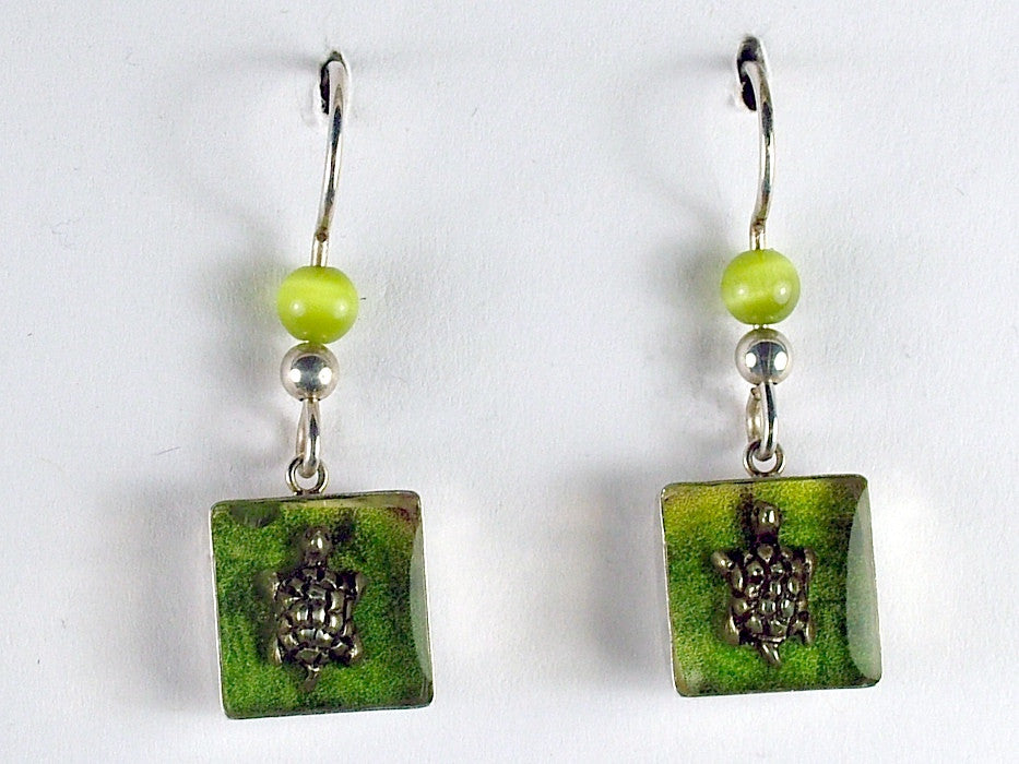 Sterling silver small  turtle shadowbox dangle earrings-tortoise, turtles,