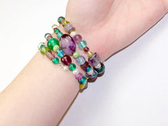 4 Strand Glass lampwork bead, freshwater pearls Memory Wire Bracelet, Blues, Greens, Purple