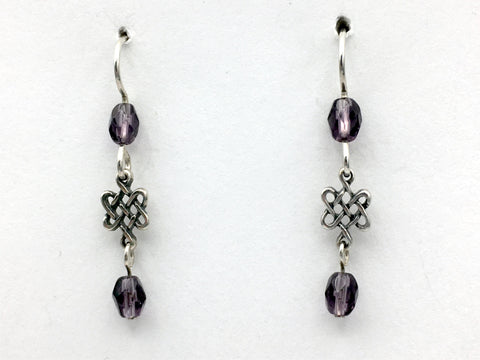 Sterling silver small Celtic knot dangle earrings-Purple glass dangle, Knots,