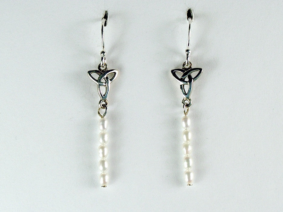 Sterling silver small Celtic Trinity knot dangle earrings - freshwater pearls