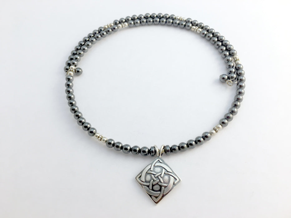 Hematite with Sterling silver Celtic Cross Knot  Centerpiece Memory Wire Choker, necklace